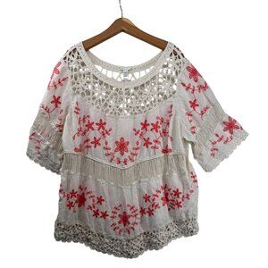 Est 1946 Womens Top 18/20W Plus Beige/Orange Boho Hippie Crochet Tunic Festival